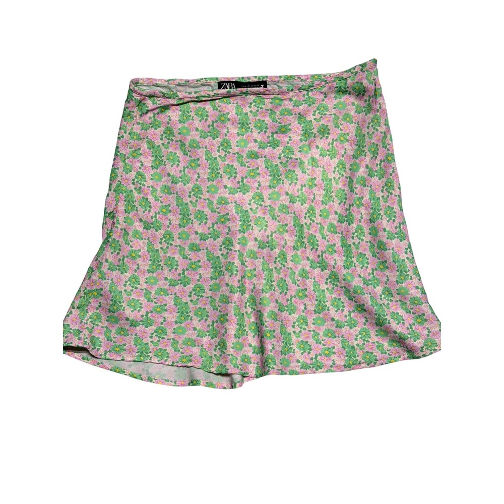 Zara Womens Pink Green Floral Mini Skirt Side Zip A-Line Summer Size M